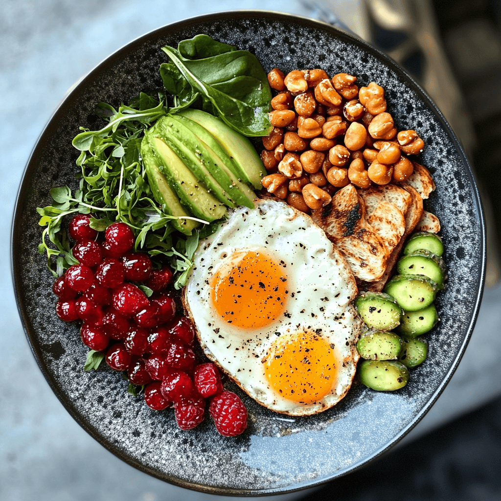 Healthy breakfast plate with eggs, avocado, berries, and chickpeas.