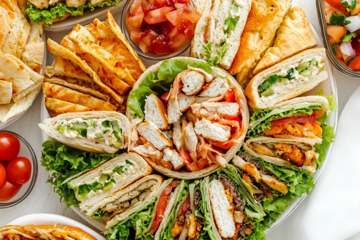 A platter of sandwiches & wraps featuring various fillings