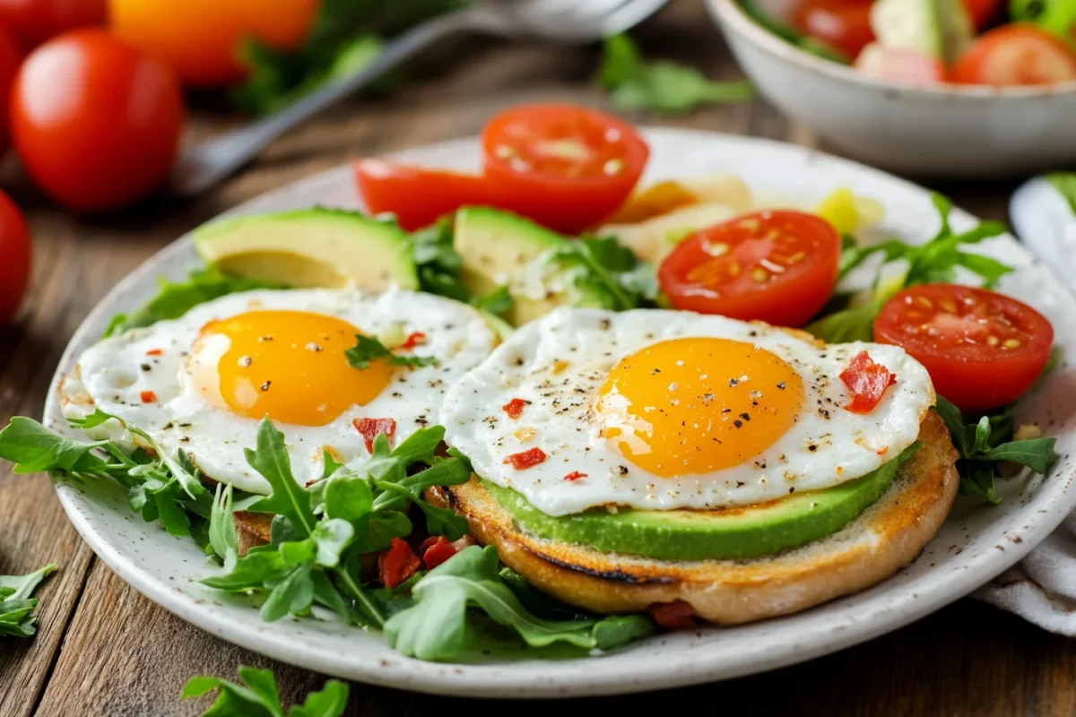 Plate of sunny-side-up eggs with avocado, cherry tomatoes, and arugula on toast