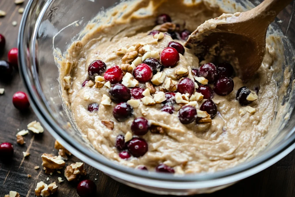 Mixing healthy cranberry bread batter