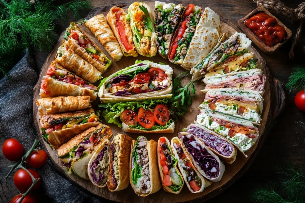 A plate with assorted sandwiches & wraps