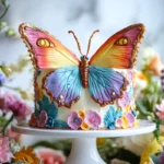 Butterfly-shaped cake decorated with colorful frosting