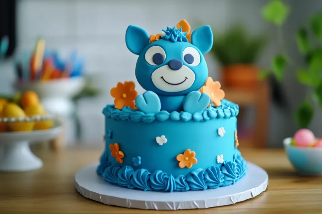 Bluey-themed birthday cake at home