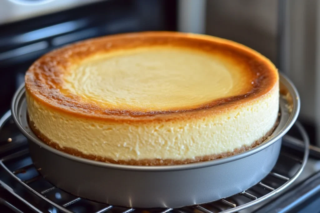 Cheesecake baking in a water bath for a smooth texture