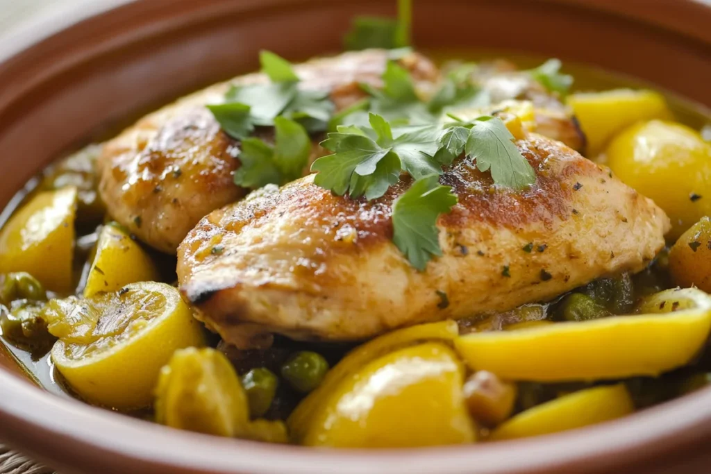 Chicken tajine served in a Moroccan clay pot