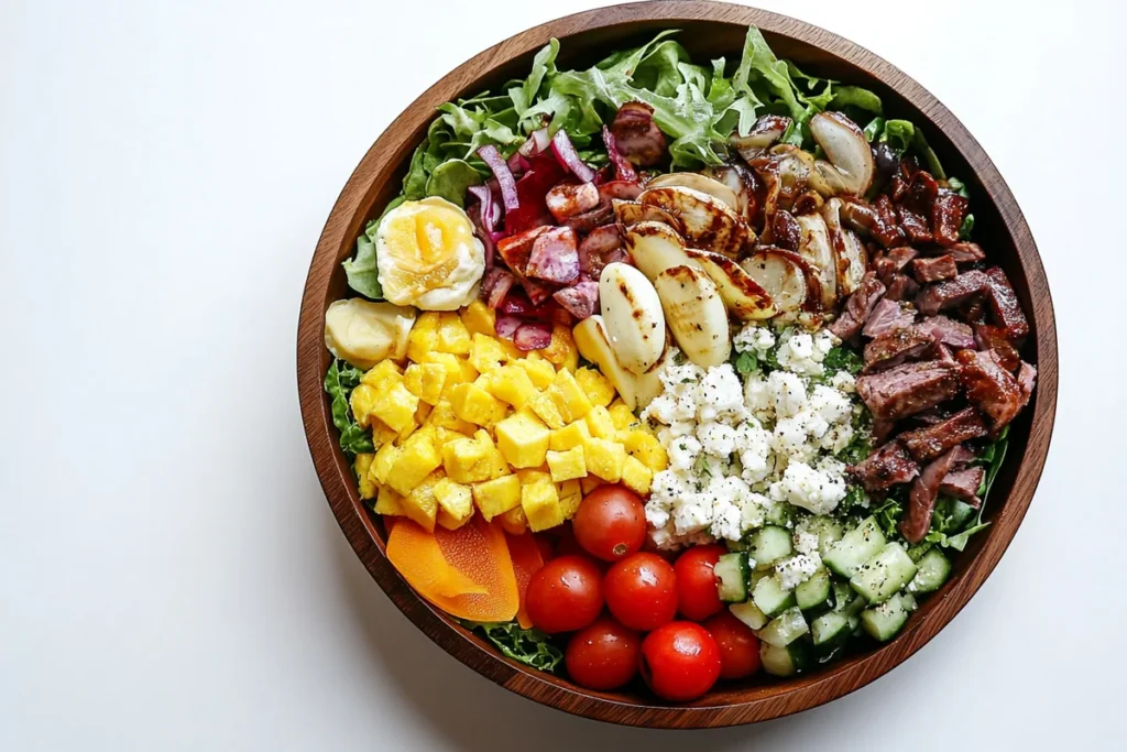 Fresh salad variations with vegetables and toppings