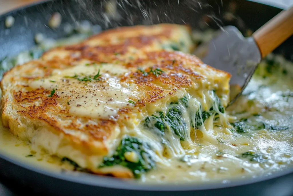 Grilled cheese sandwich cooking in a pan