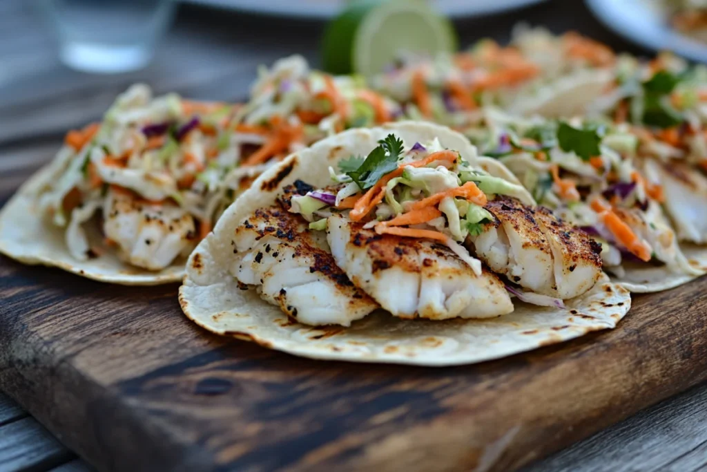 Quick Weeknight Fish Tacos with fresh lime and slaw