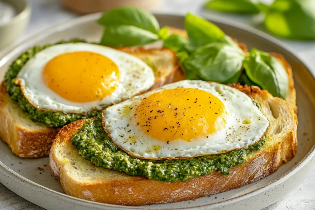 Pesto eggs served on crispy sourdough toast