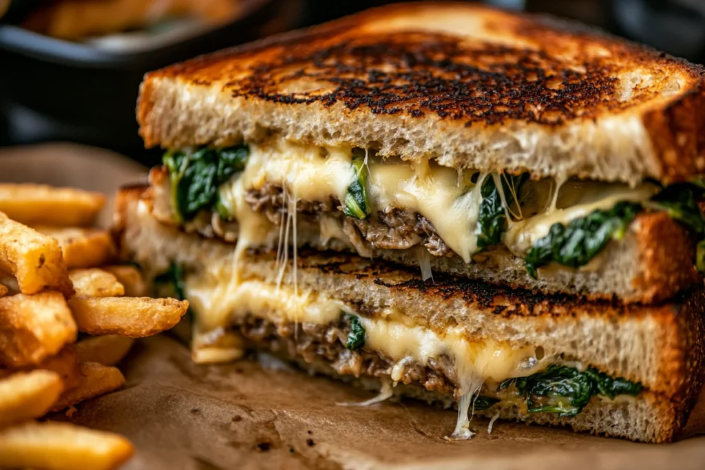 Spinach and artichoke grilled cheese sandwich on a plate