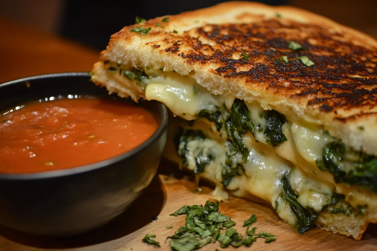 Spinach and Artichoke Grilled Cheese Sandwich with crispy golden crust