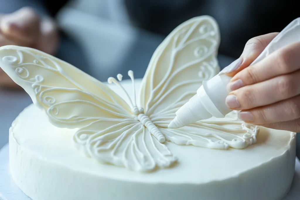 Decorating a butterfly cake with frosting