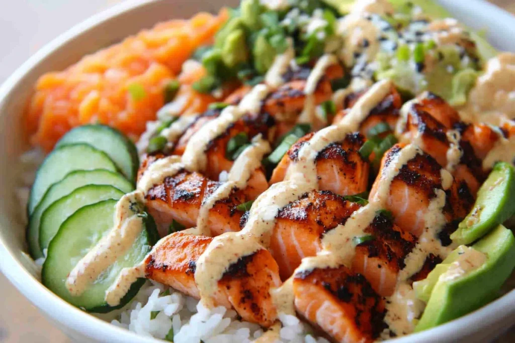 Salmon Rice Bowl served in a bowl with avocado and cucumber