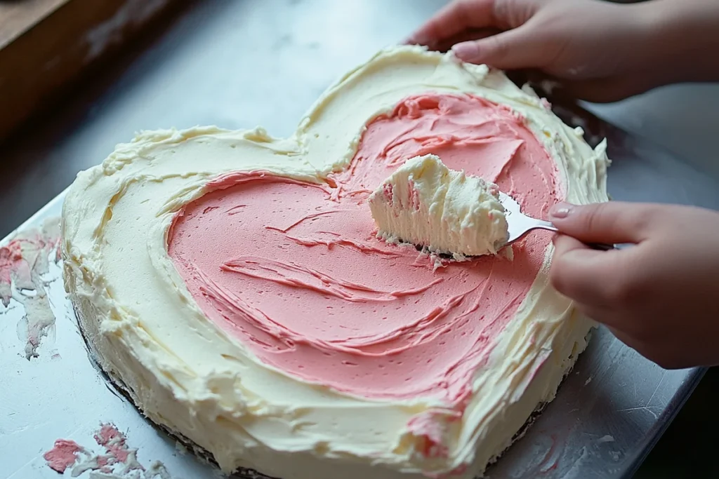 Frosting a homemade heart-shaped cake