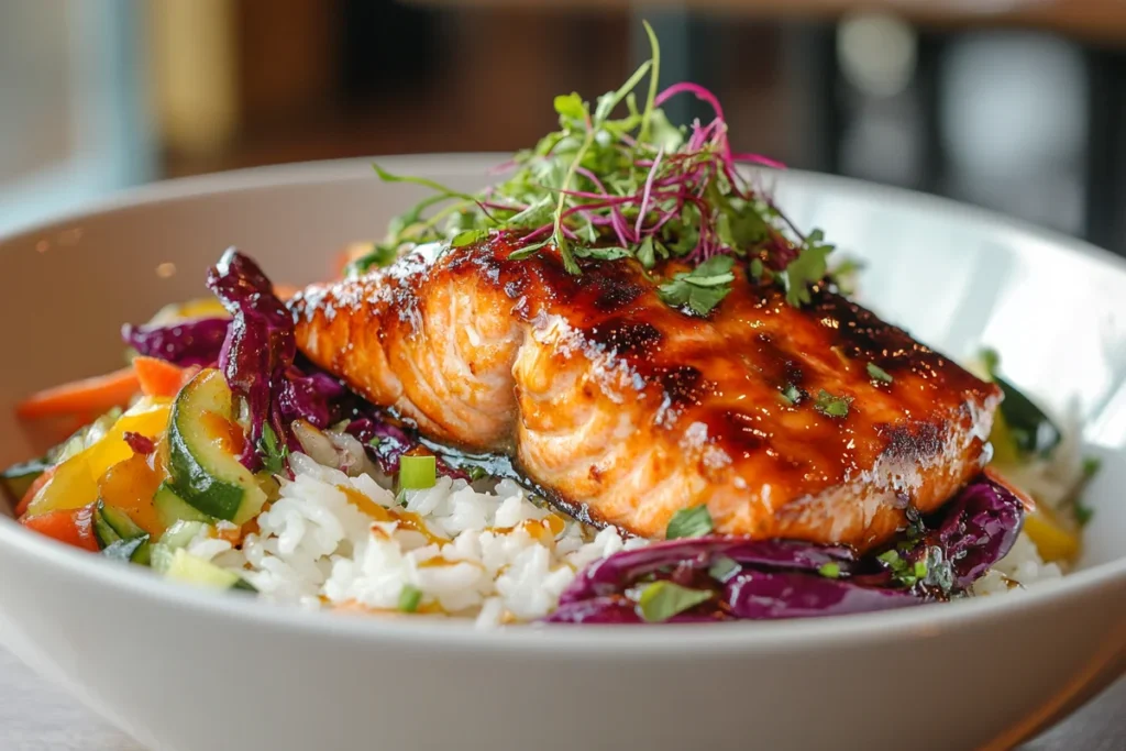 Hot honey salmon bowl with rice and veggies