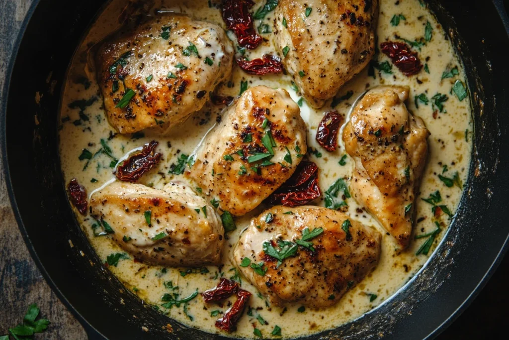 Cooking Marry Me Chicken in a skillet