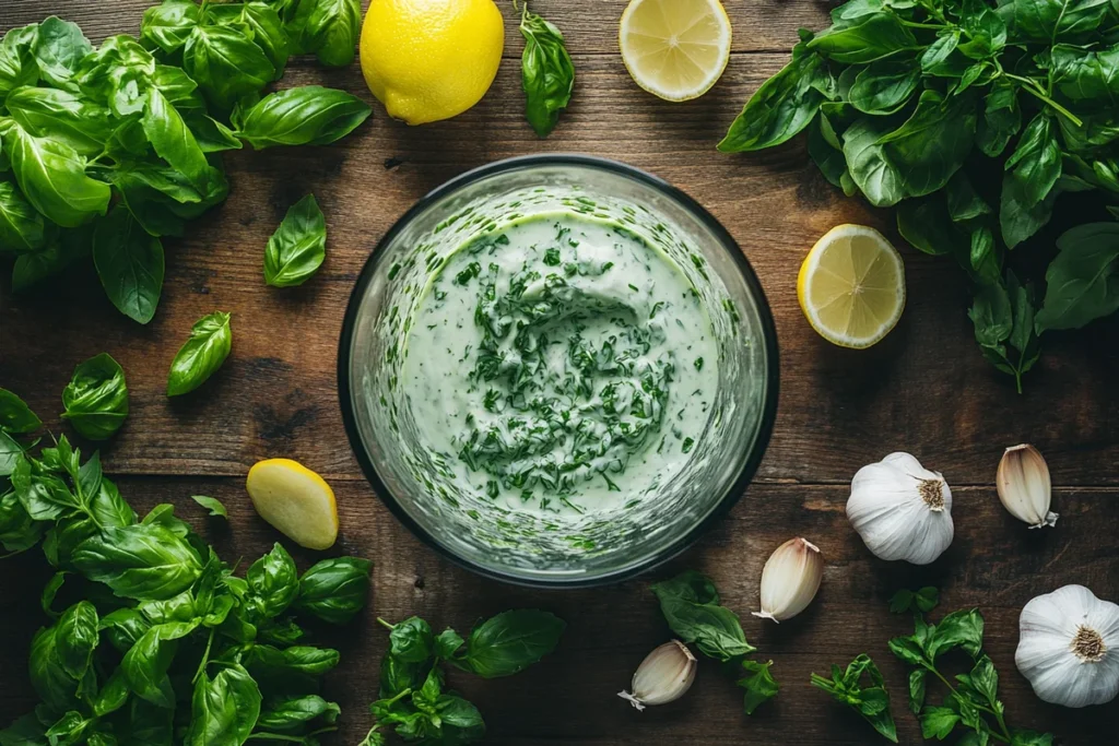 Ingredients for Green Goddess dressing in a blender