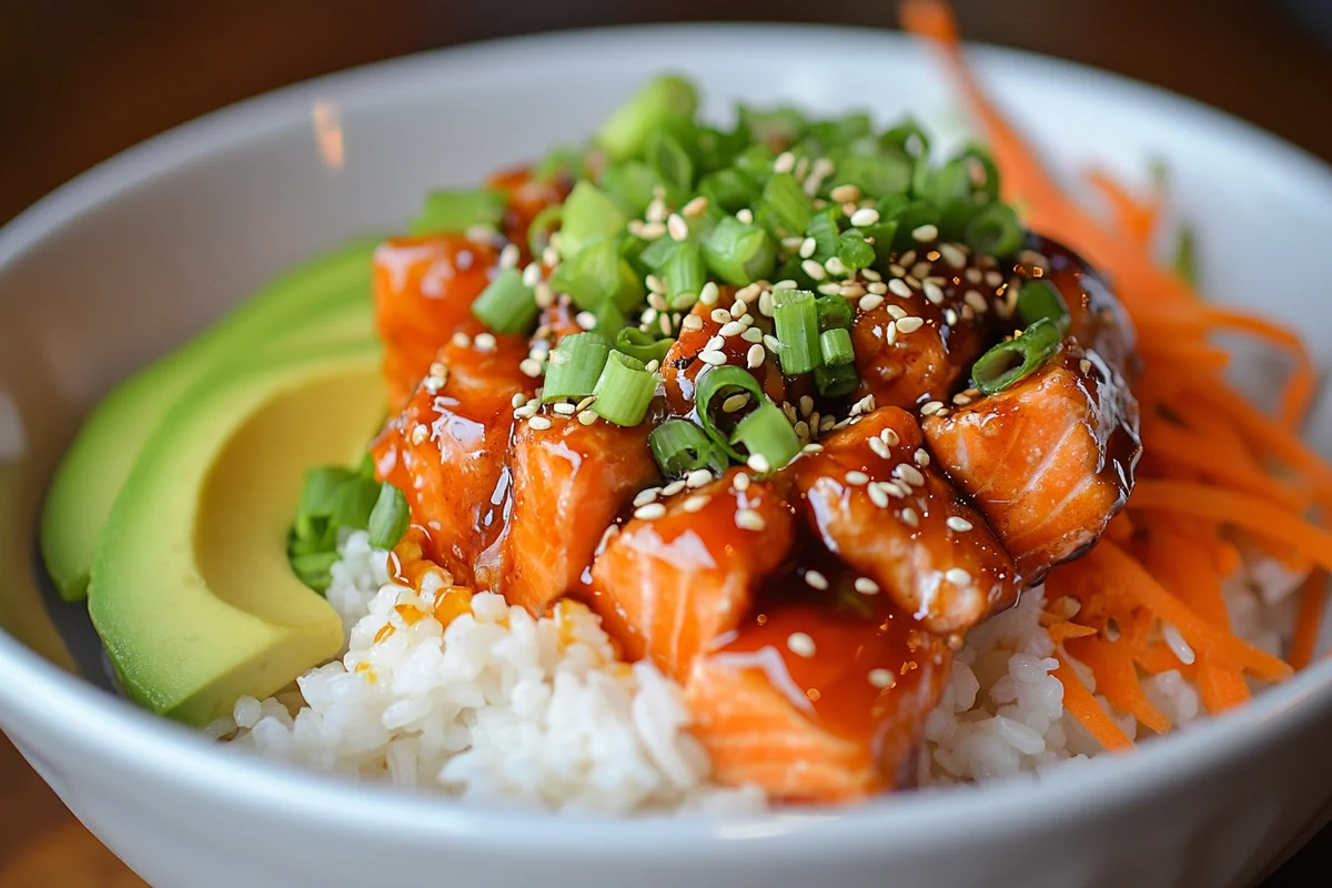 Hot Honey Salmon Bowl served in a bowl with rice & veggies