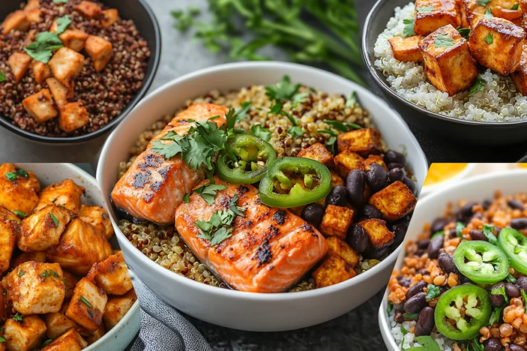 Different hot honey salmon bowl variations