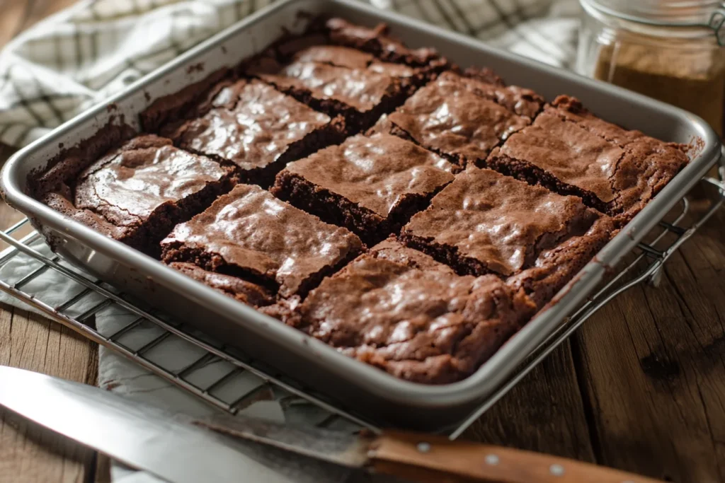 Freshly baked fudgy brownies cooling