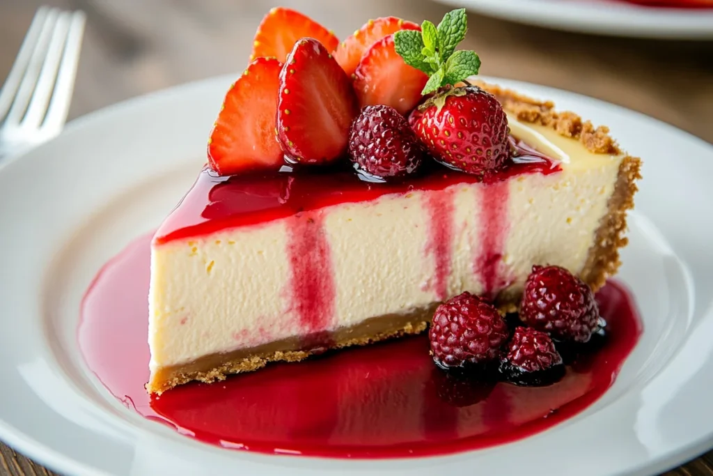 Cheesecake slice on a plate with fruit topping