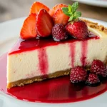 Cheesecake slice on a plate with fruit topping